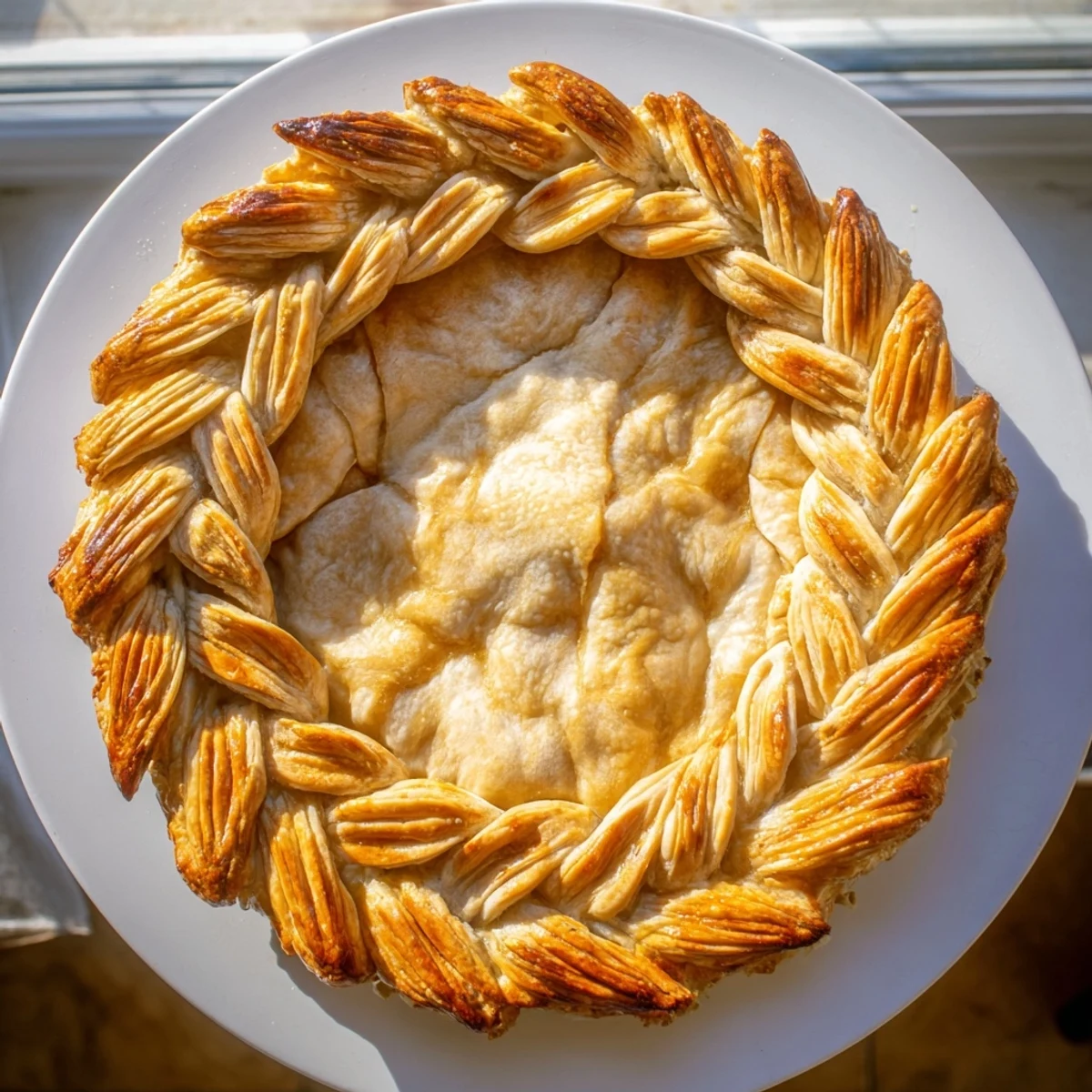 Elegant braided pastry border decorates homemade sweet pie with glazed woven texture
