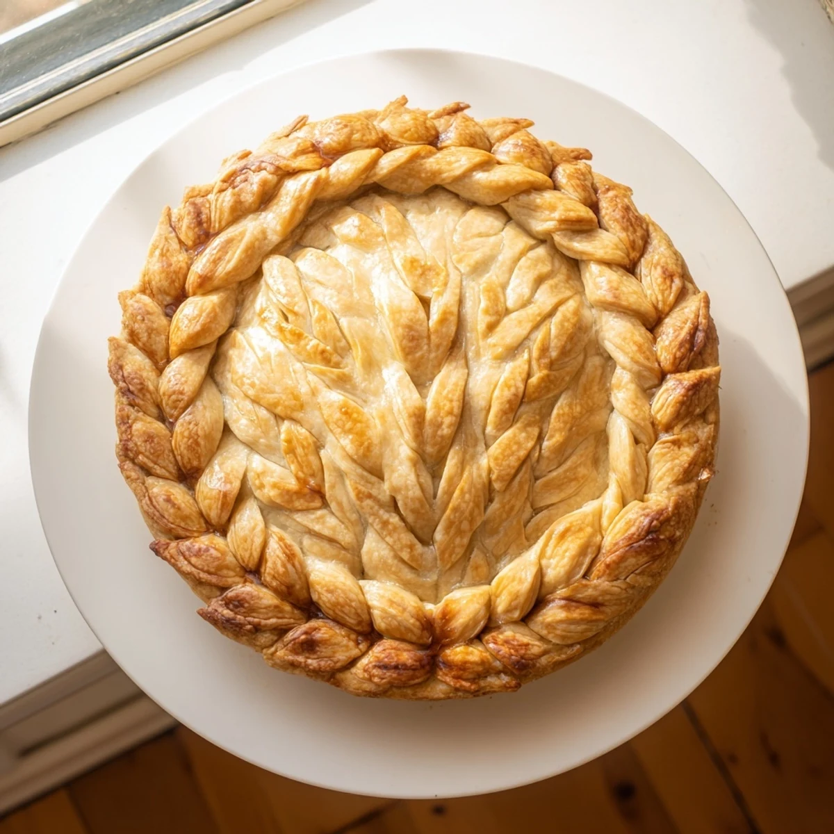 Close-up of intricate woven dough strips creating decorative fishtail braid pie crust edge