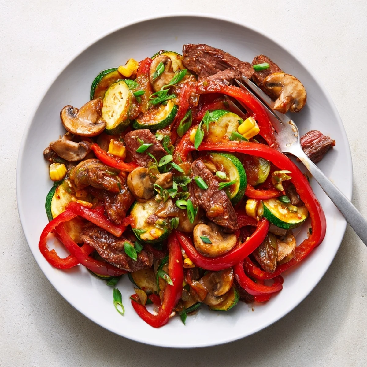 Sizzling Blackstone cowboy stir fry with tender beef slices and colorful charred vegetables on a hot griddle