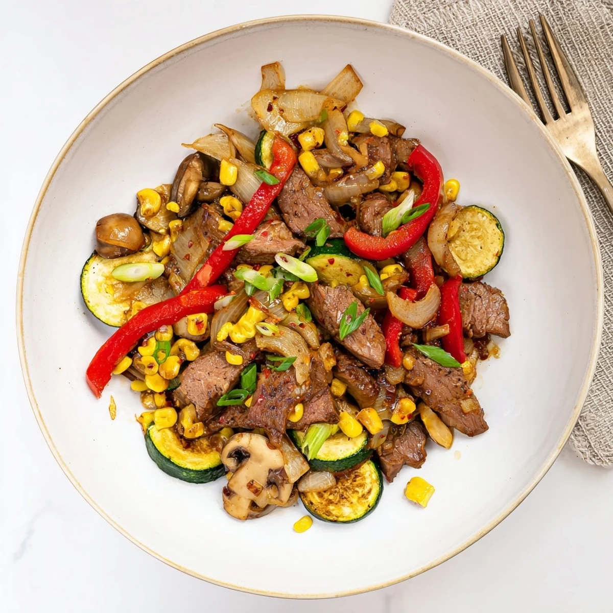 Rustic Blackstone cowboy stir fry packed with smoky beef crisp vegetables and fresh green onion garnish