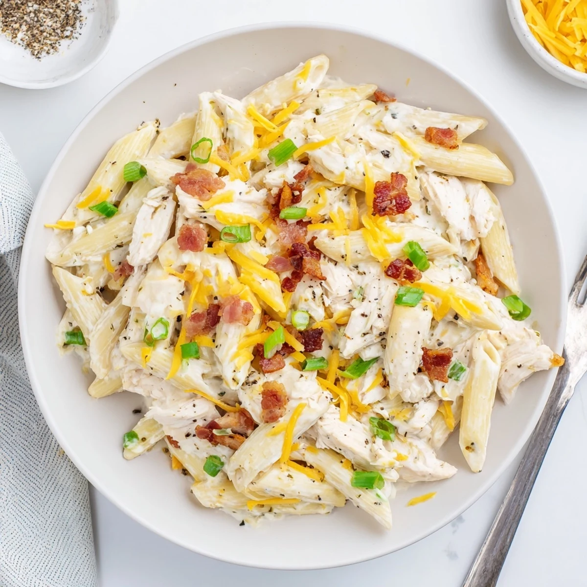 Creamy crack chicken pasta topped with crispy bacon and melted cheddar cheese in a white bowl