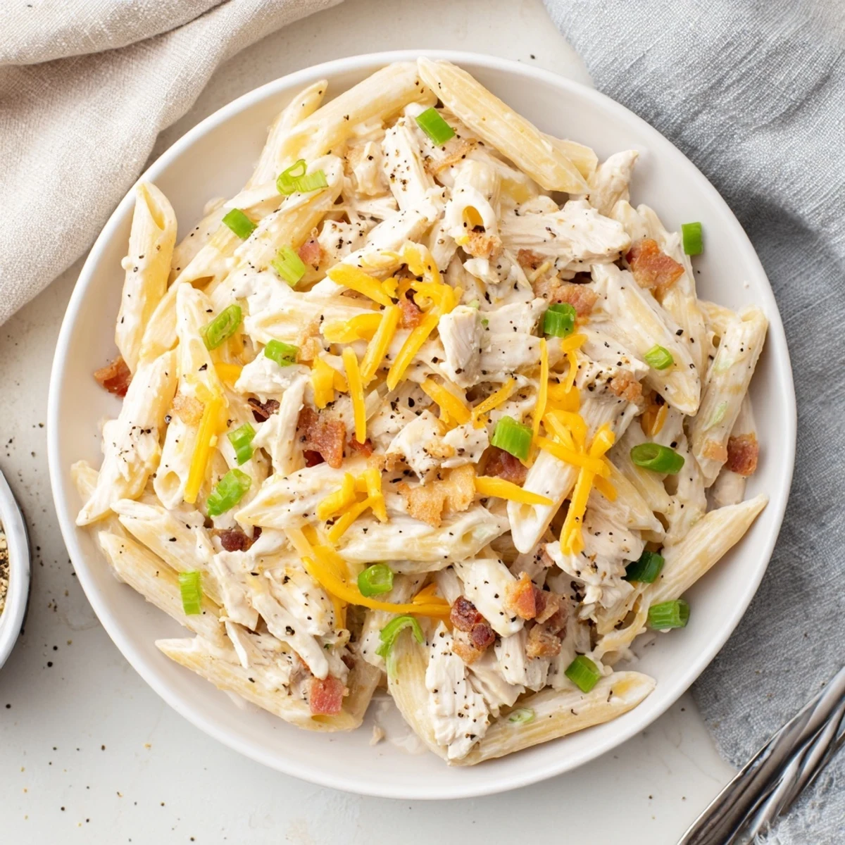 Steaming bowl of ranch-seasoned crack chicken pasta with shredded chicken and green onion garnish