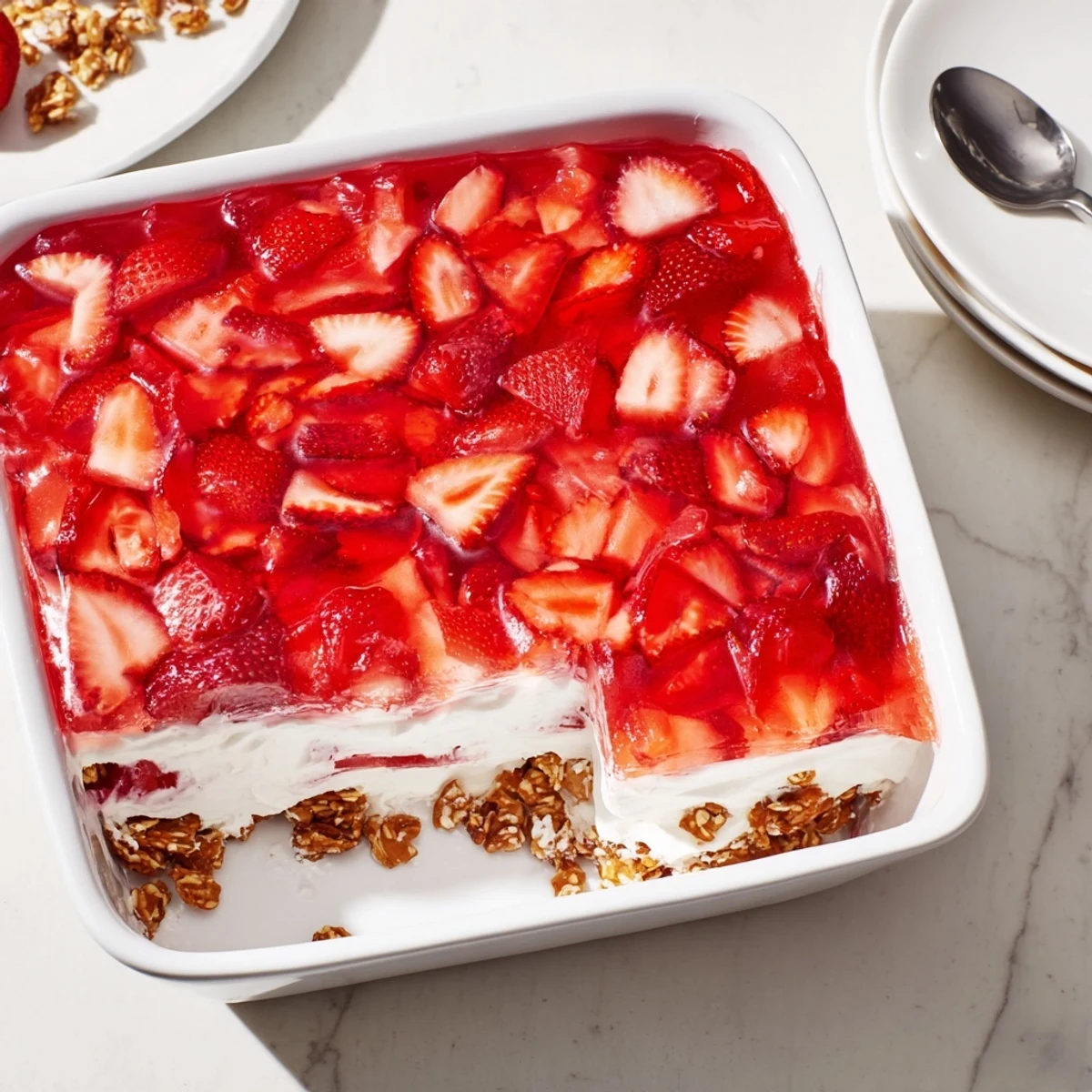 Sliced strawberries arranged in a rectangular pan over creamy layers and golden pretzel base for this sweet and crunchy Strawberry Crackle Salad