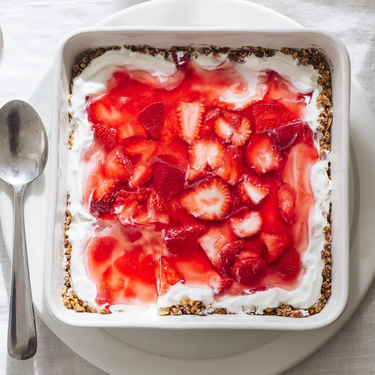 Strawberry Crackle Salad displayed in a glass dish with layers of pretzel crust, cream filling, and bright red strawberries suspended in clear gelatin