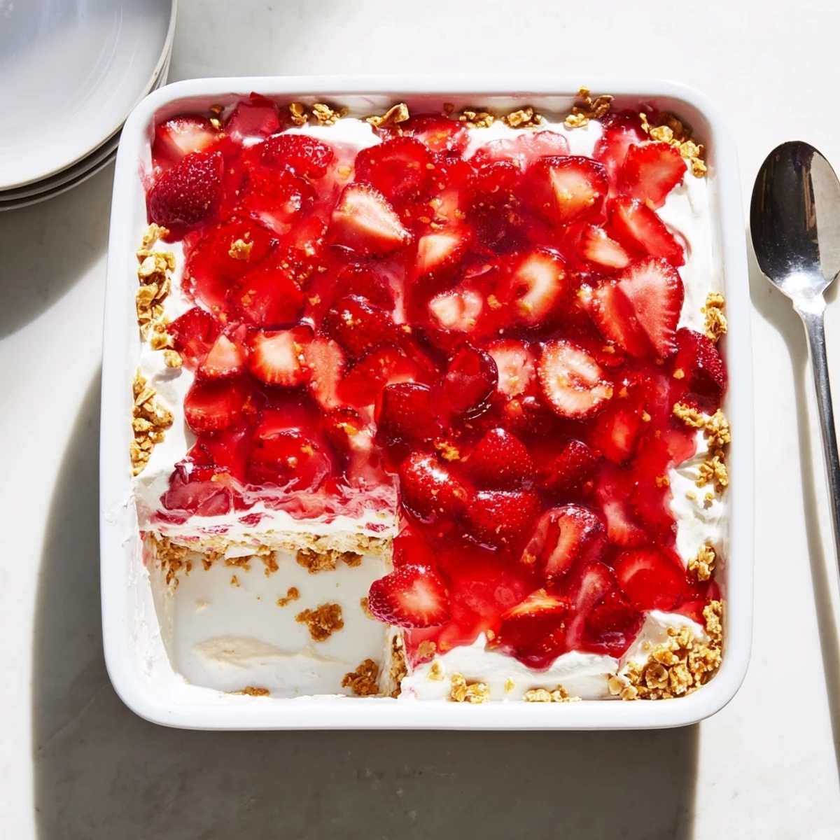 Close-up of Strawberry Crackle Salad showing fresh strawberry slices embedded in wobbly red gelatin atop smooth cream cheese layer and salty pretzel crumble