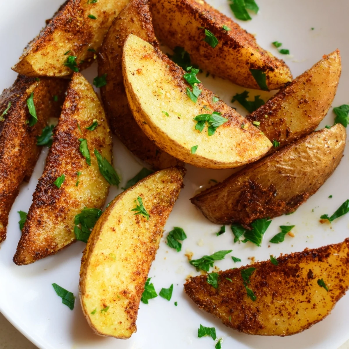 Golden crispy air fryer potato wedges seasoned with paprika and garlic powder, served hot on a white plate
