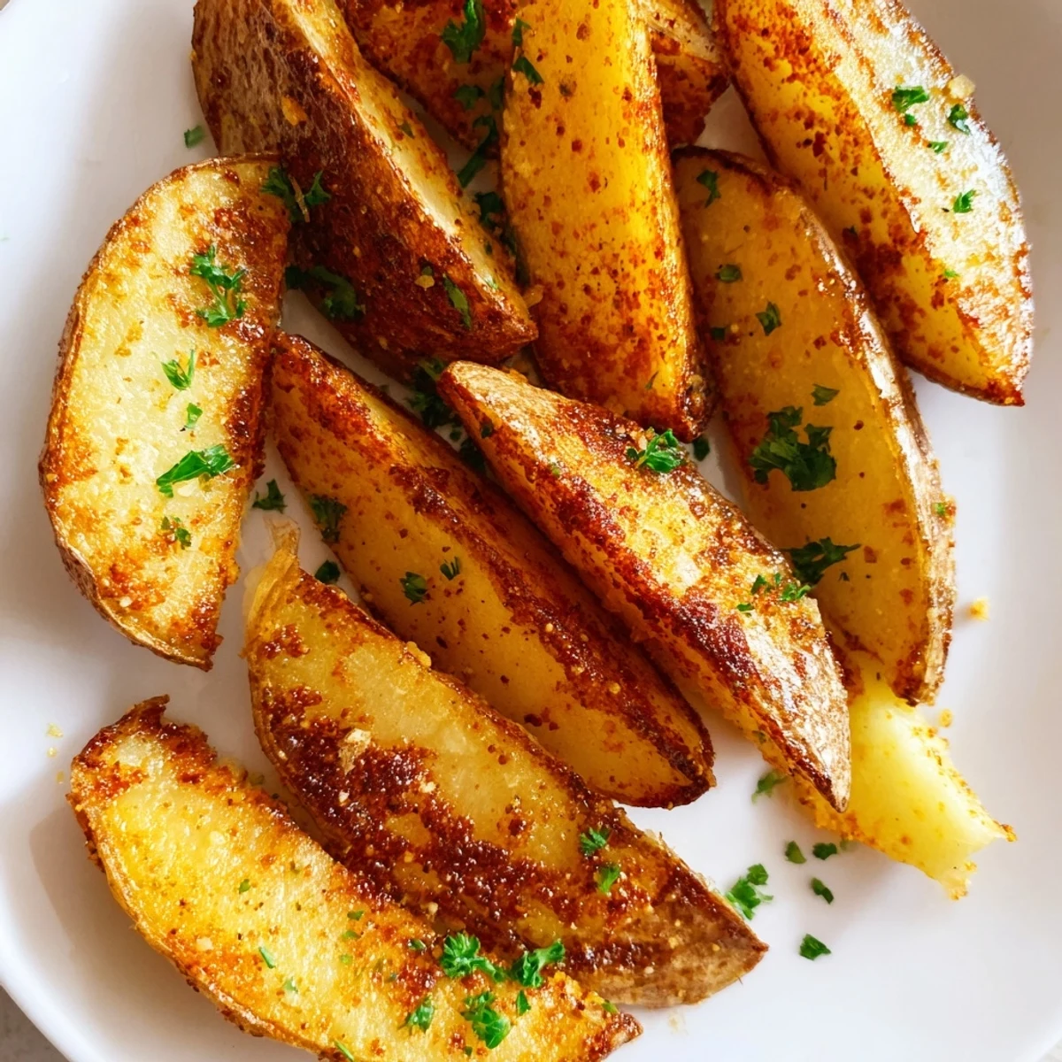 Fluffy inside potato wedges air fried to golden perfection, sprinkled with fresh parsley garnish