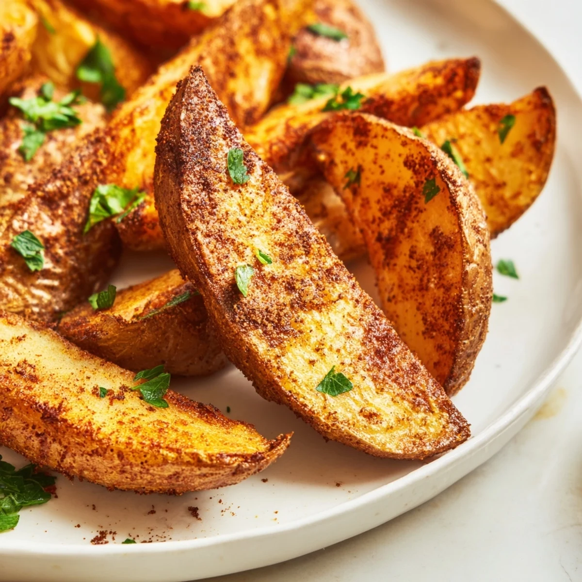 Heap of crispy air fryer potato wedges arranged on wooden board with visible seasoning texture