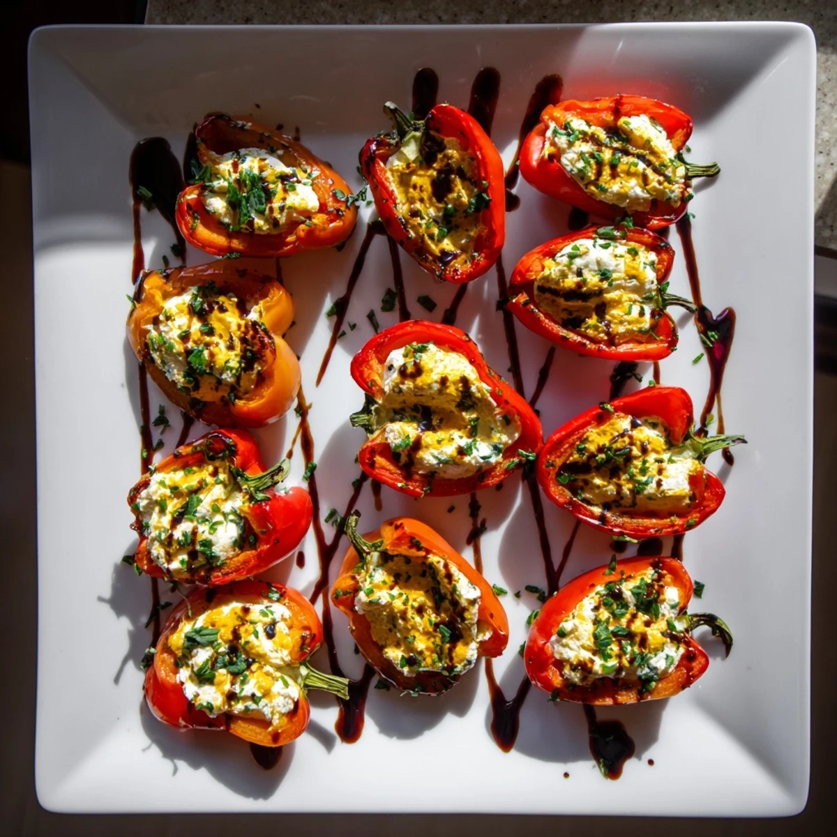 Colorful roasted goat cheese stuffed mini peppers arranged on a white serving platter with fresh herb garnish
