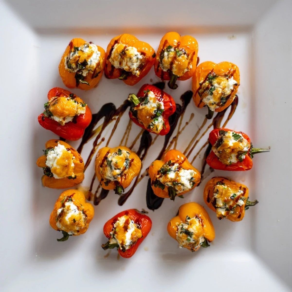 Golden Mediterranean appetizer featuring sweet mini peppers filled with creamy herbed goat cheese after roasting