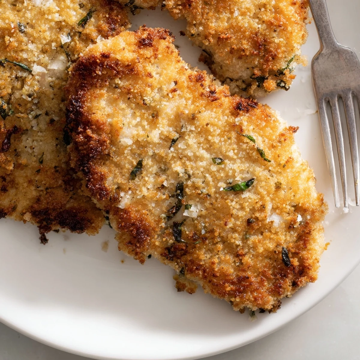Golden Parmesan basil chicken cutlets arranged on a white serving platter with fresh basil garnish