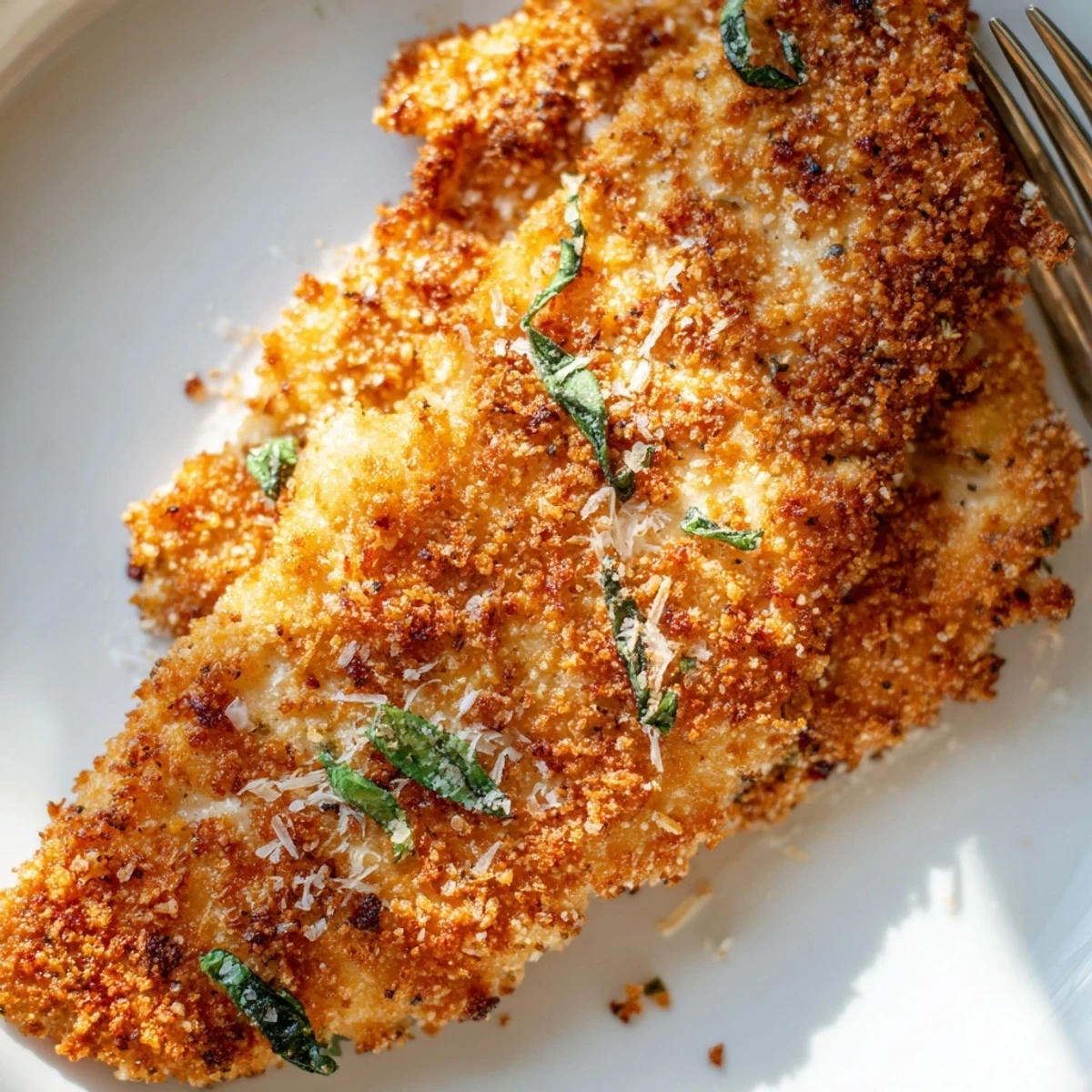Italian-American chicken cutlets with golden breadcrumb coating served with lemon wedges on plate