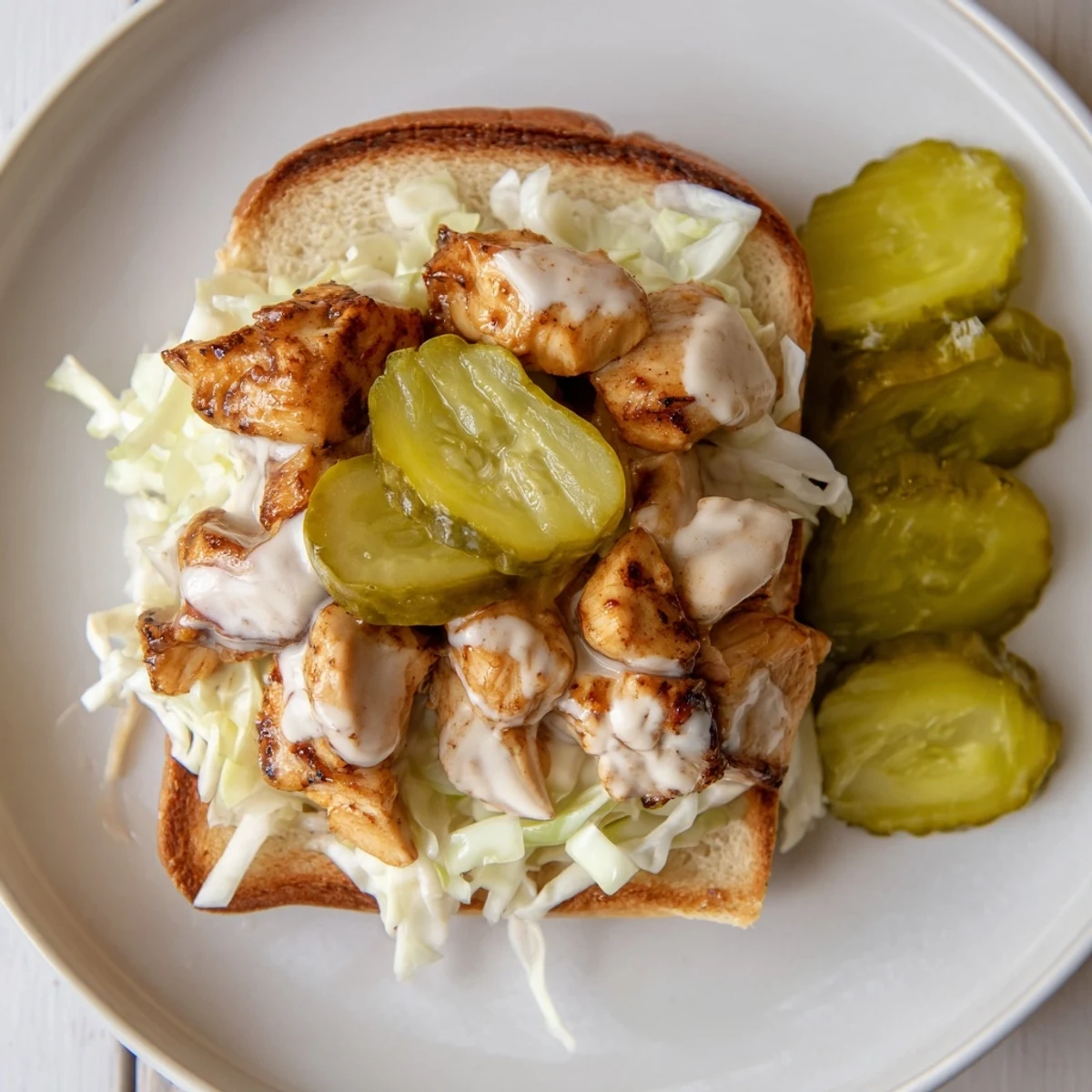 Tender smoked chicken piled high with tangy Alabama white BBQ sauce and fresh coleslaw on a sandwich