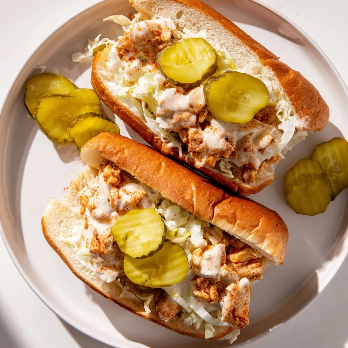 Southern-style Alabama BBQ chicken sandwich featuring chopped meat in zesty white sauce with crunchy cabbage slaw