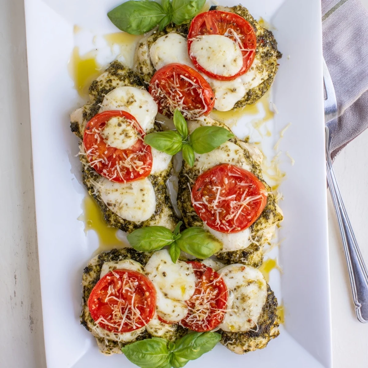 Golden baked pesto Caprese chicken topped with melted mozzarella and fresh tomato slices