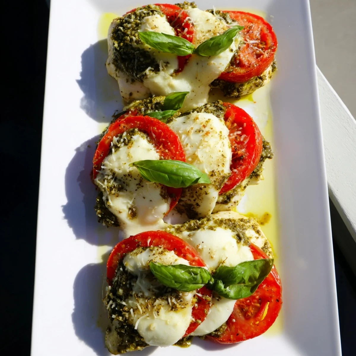 Succulent pesto Caprese chicken baked with ripe tomatoes and fresh basil garnish
