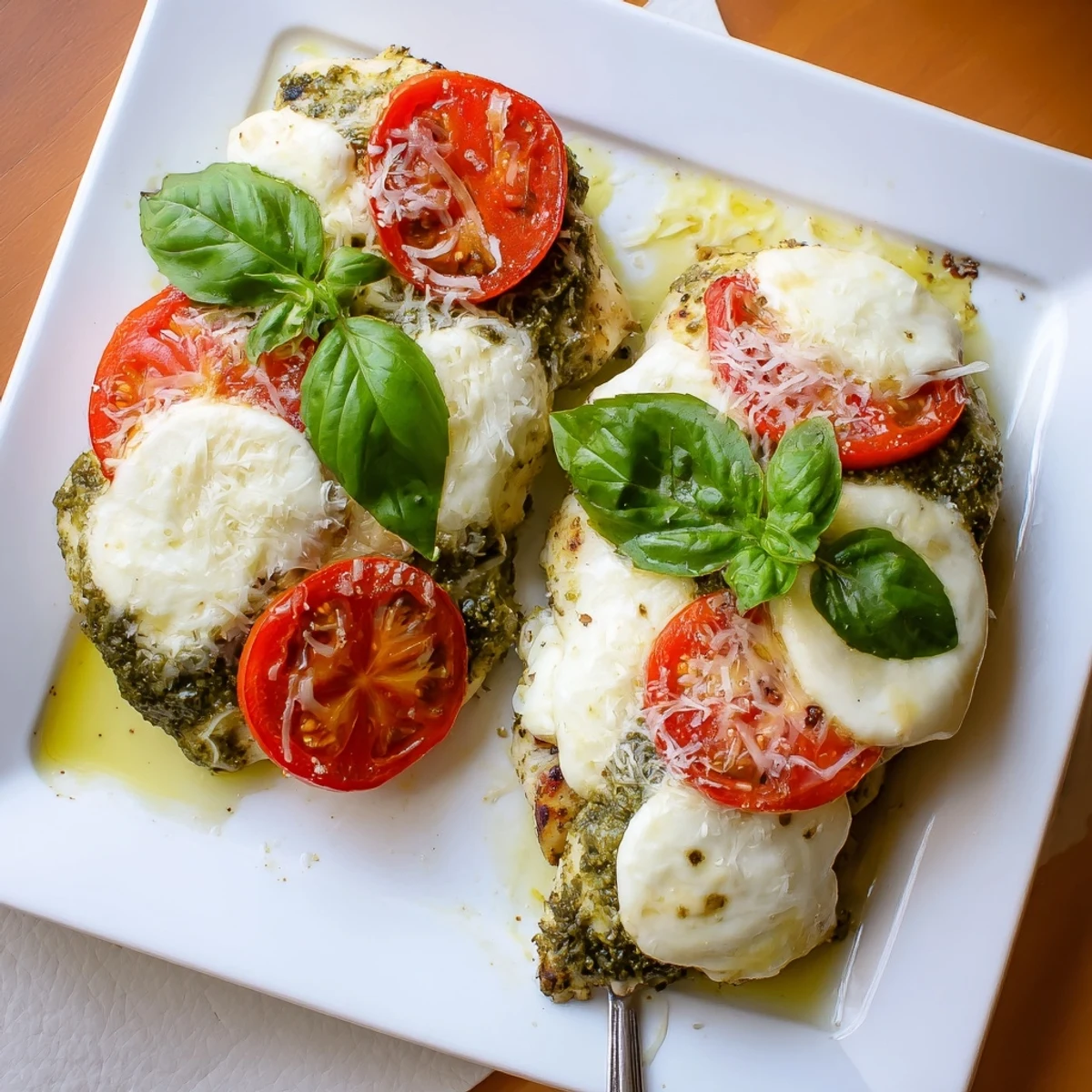 Juicy chicken breasts layered with vibrant pesto sauce and bubbling mozzarella cheese