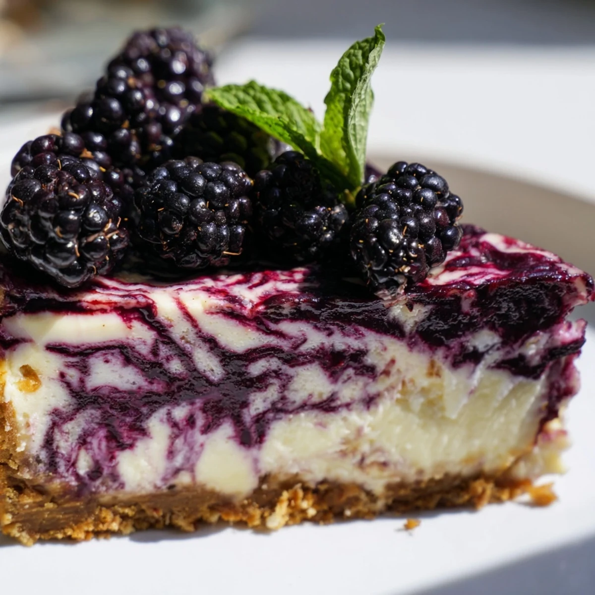 Creamy blackberry bliss cheesecake with vibrant purple swirls on graham cracker crust