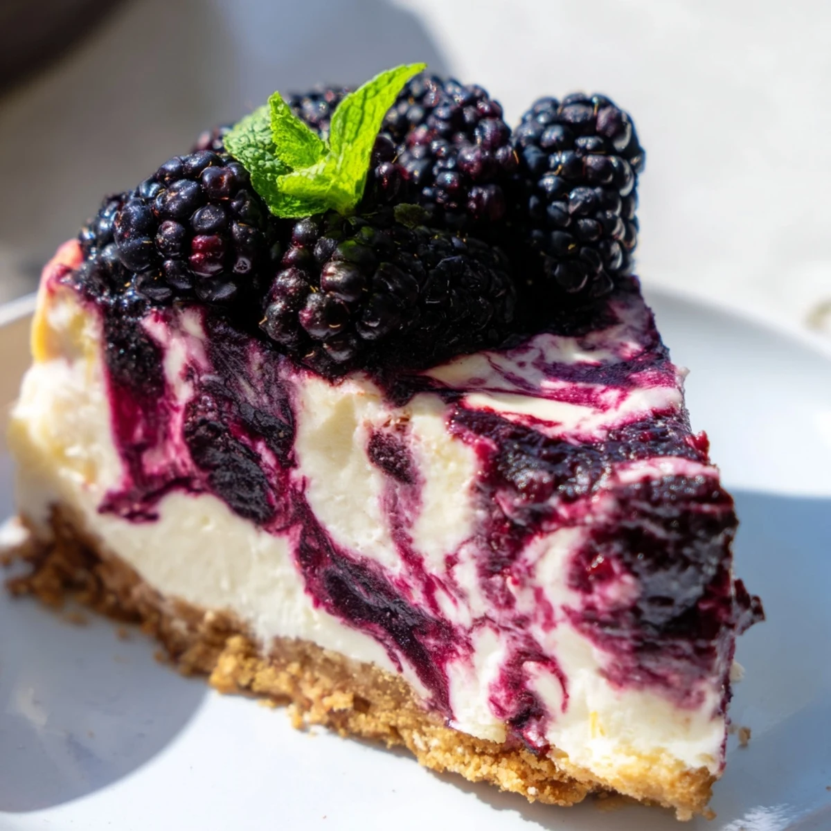 Marbled blackberry bliss cheesecake featuring tangy fruit compote swirled through smooth filling