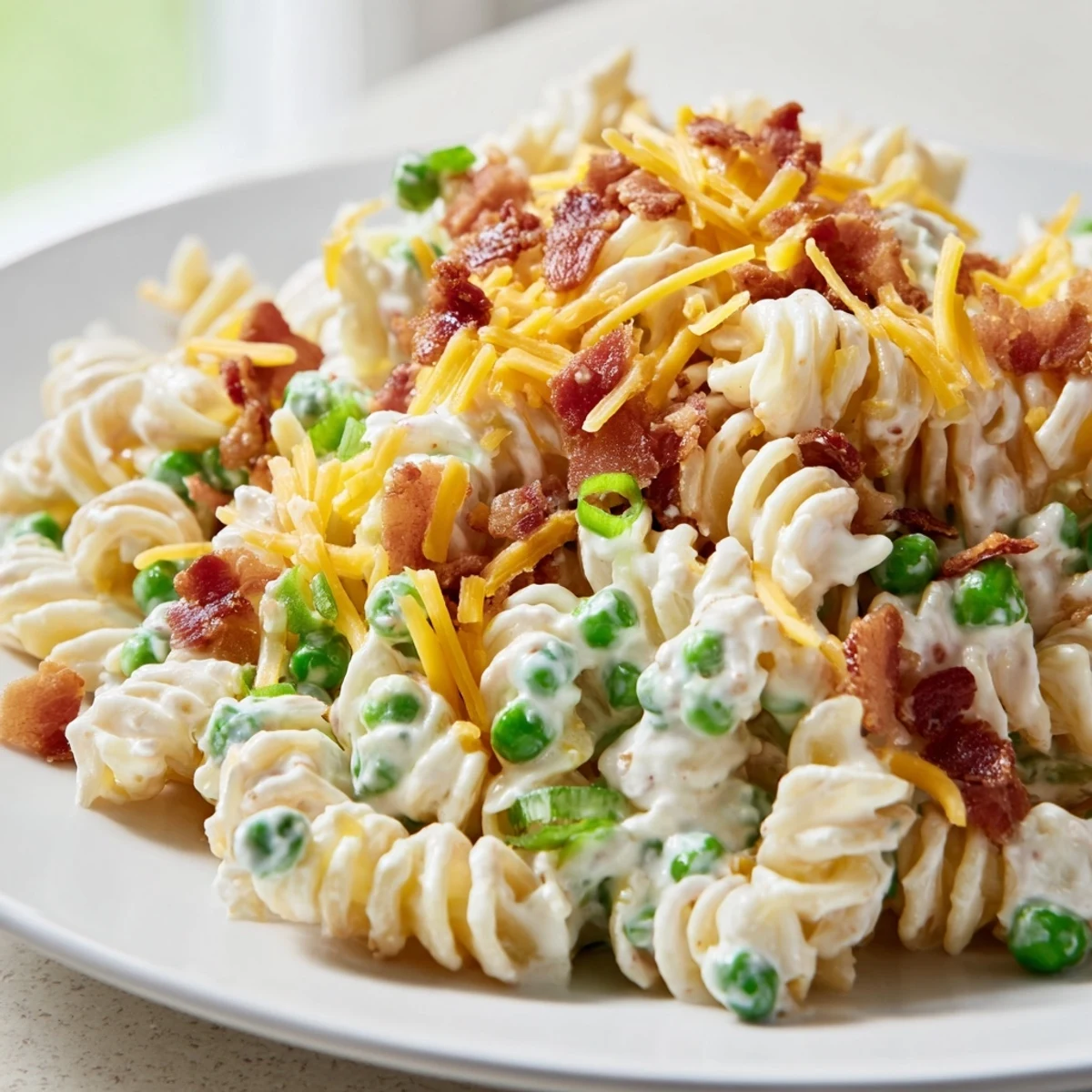 Creamy crack pasta salad loaded with crispy bacon, sharp cheddar, and green onions in a bowl