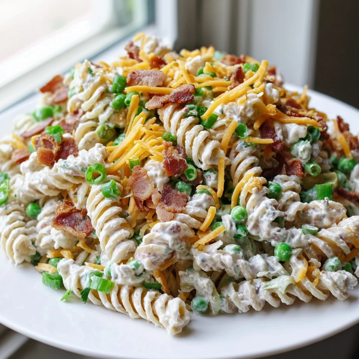 Colorful pasta salad featuring rotini tossed with ranch dressing, peas, bacon crumbles, and shredded cheese
