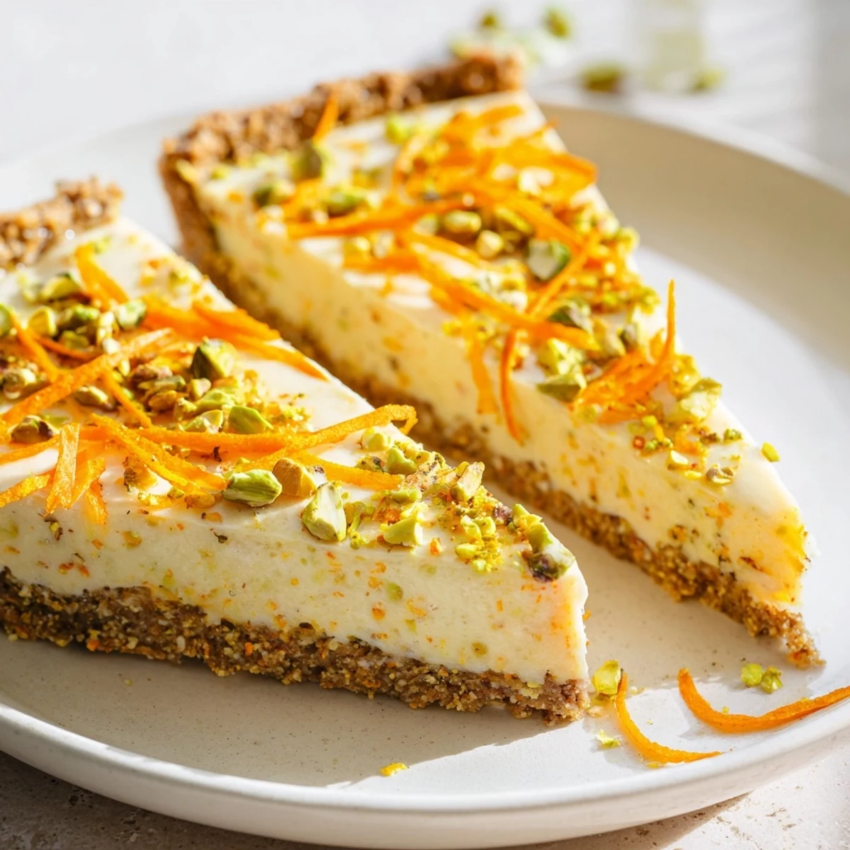 Golden orange cardamom tart with vibrant citrus filling in a crunchy pistachio crust