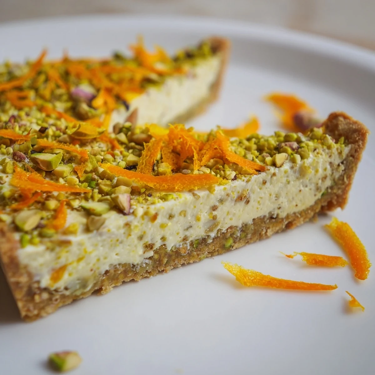 Elegant orange cardamom tart slice topped with chopped pistachios and fresh orange zest
