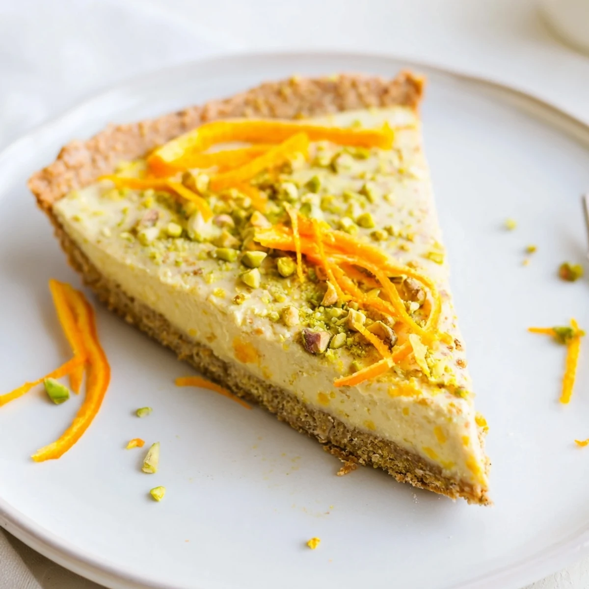 Creamy orange cardamom tart displaying smooth custard filling nestled in a nutty green pistachio crust