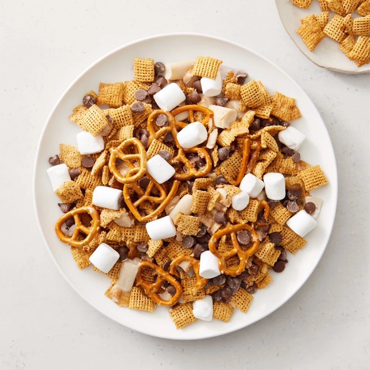 Golden brown s'mores snack mix overflowing with mini marshmallows and milk chocolate chunks in a glass serving bowl