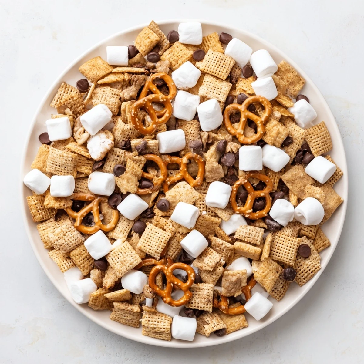 Crunchy graham cracker cereal and pretzels tossed with creamy chocolate chips in this easy s'mores snack mix recipe