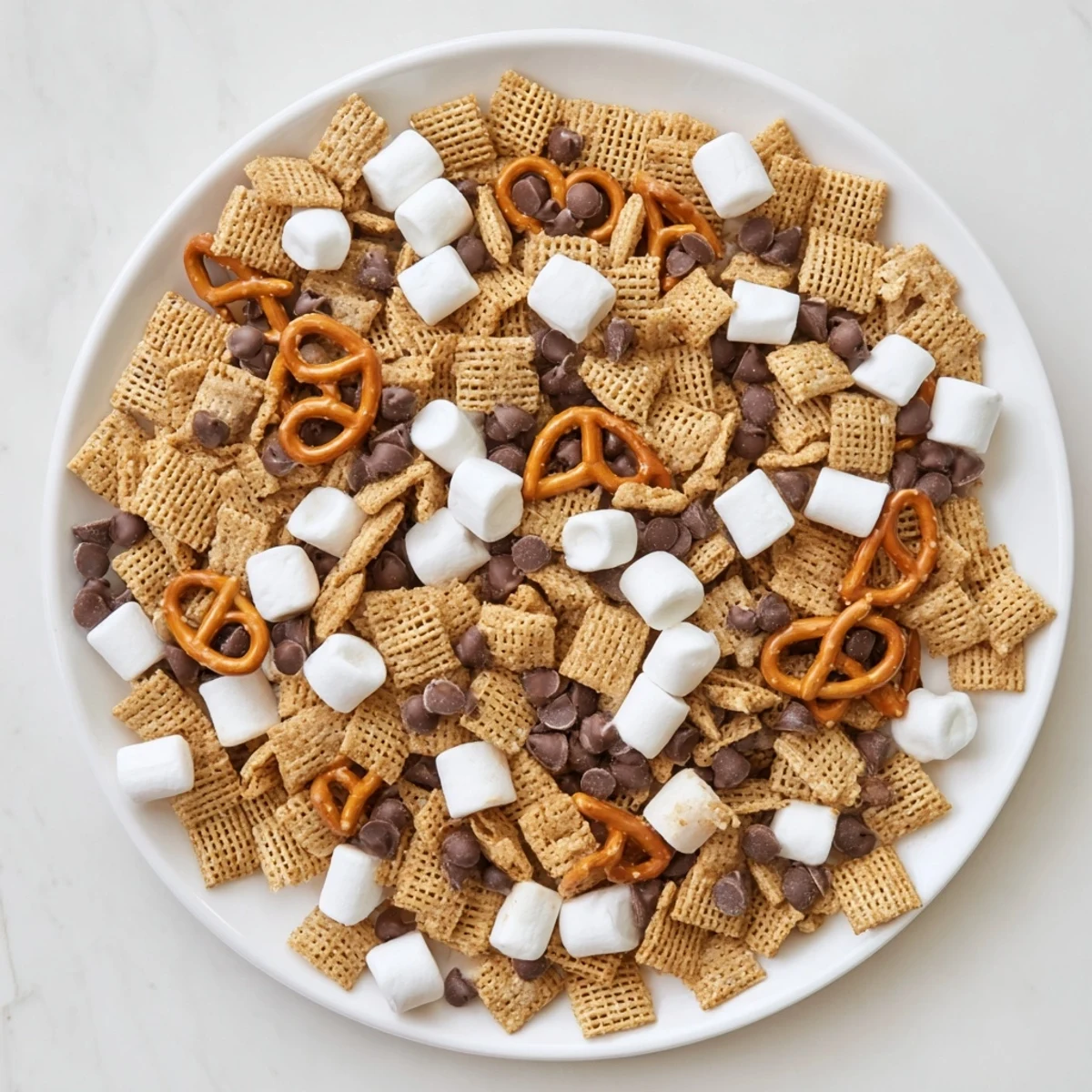 Sweet and salty s'mores snack mix featuring fluffy marshmallows, pretzels, and melted milk chocolate on a wooden board