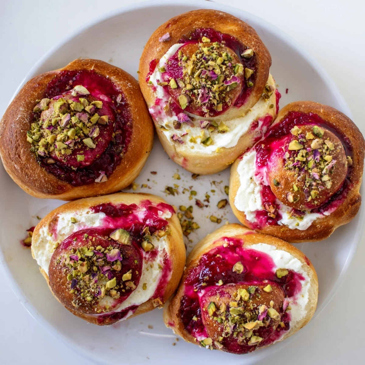 Golden raspberry and rose cheesecake buns drizzled with vibrant red raspberry compote