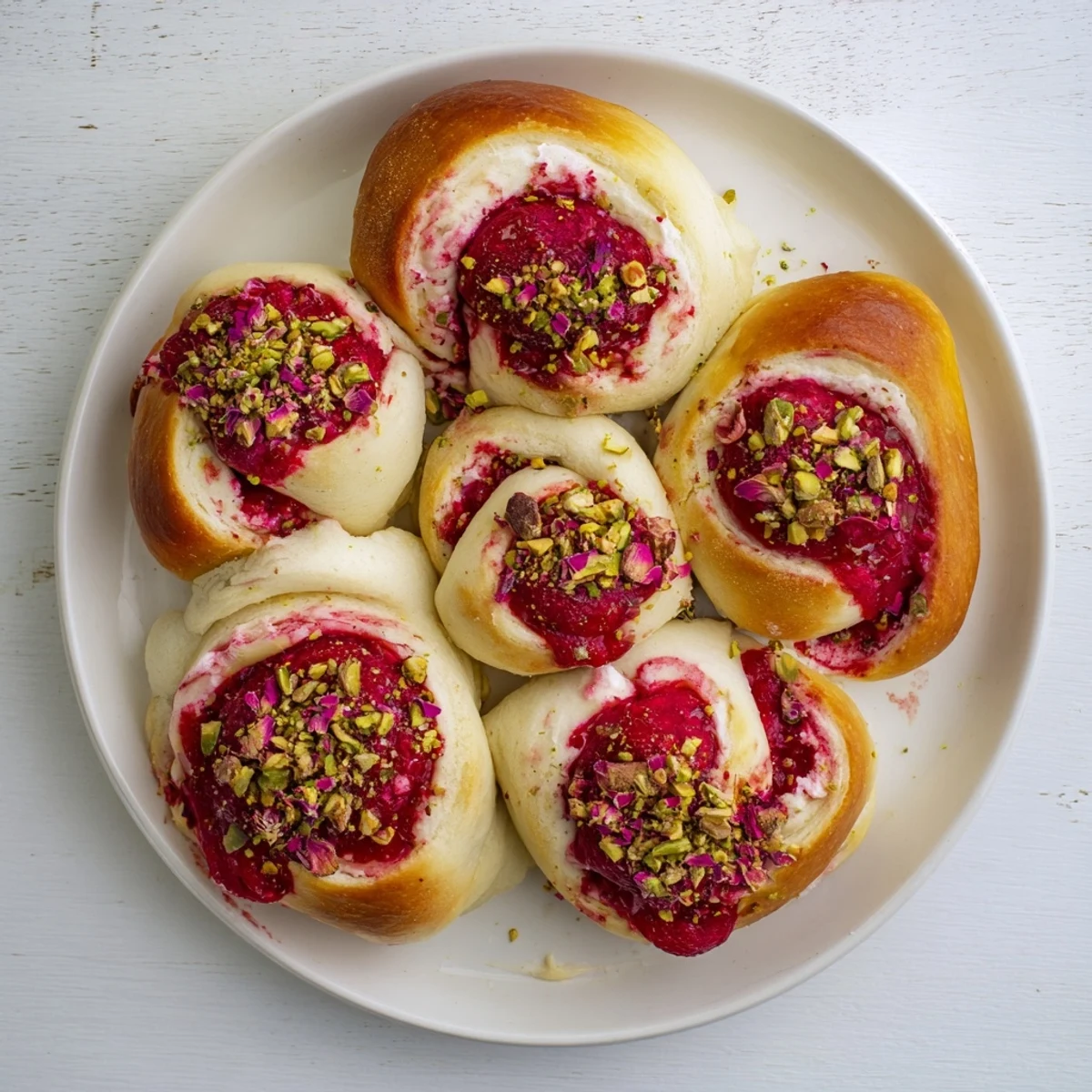 Soft rose-scented cheesecake buns topped with fresh raspberries and crushed pistachios