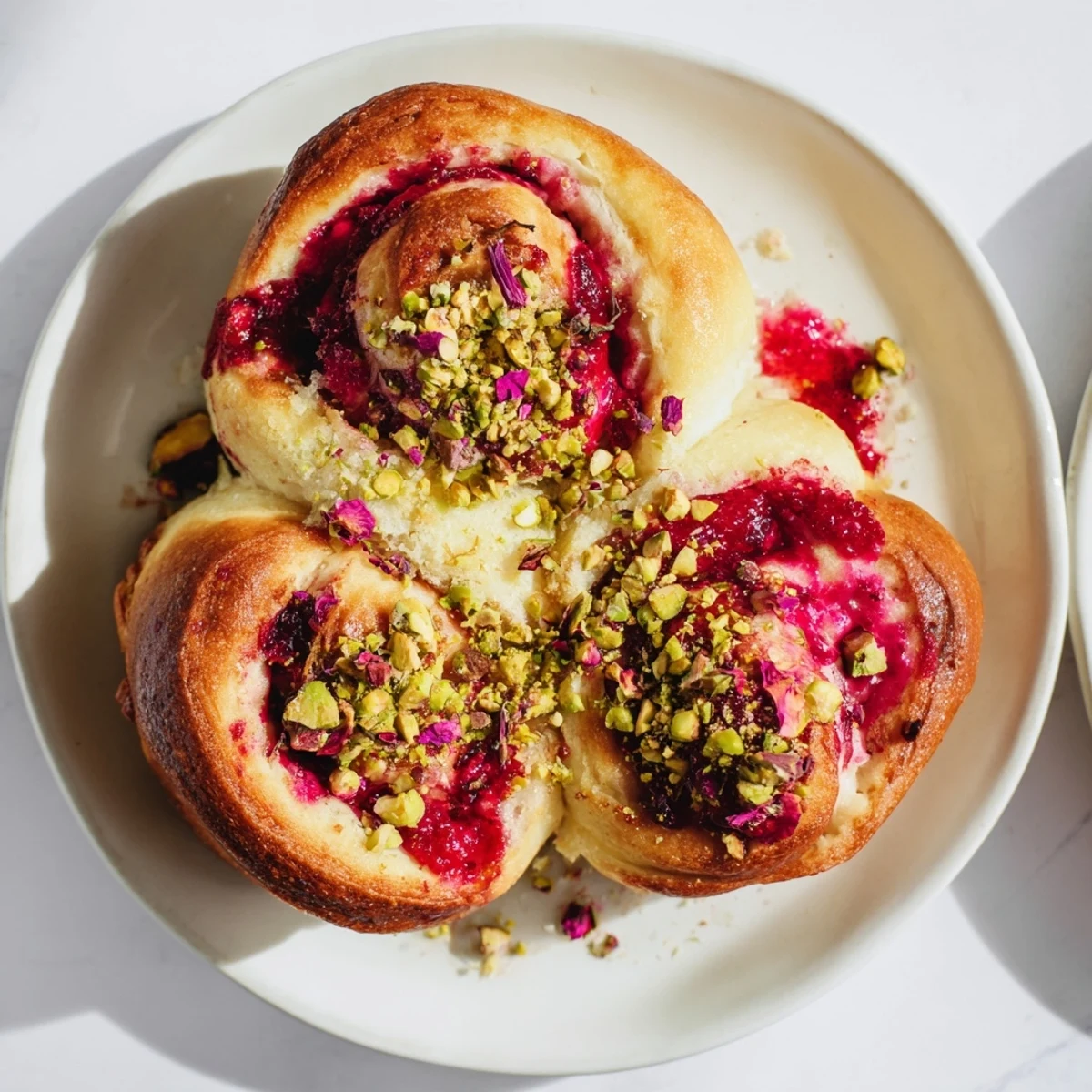 Fluffy sweet buns filled with creamy rose cheesecake and tart raspberry swirls