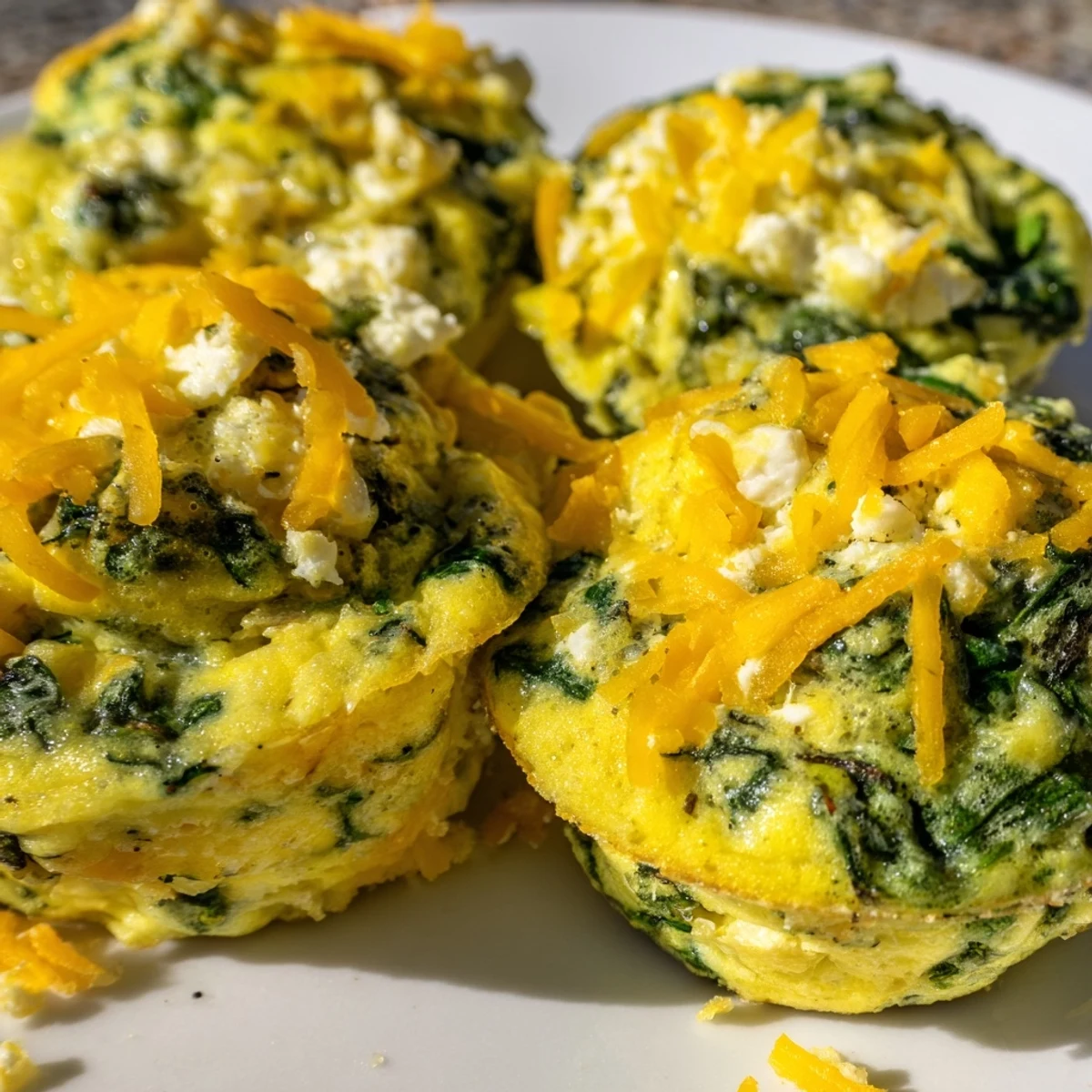Savory egg muffins featuring wilted spinach and crumbled feta cheese topping