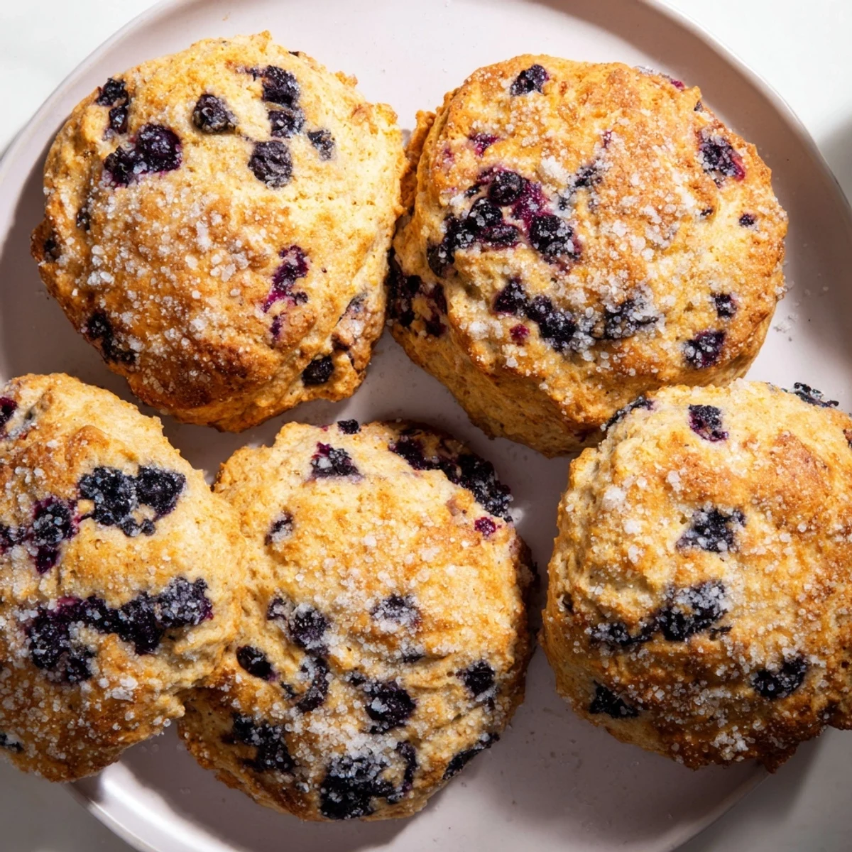 Flaky blueberry biscuits baked to golden brown and scattered with fresh blueberries