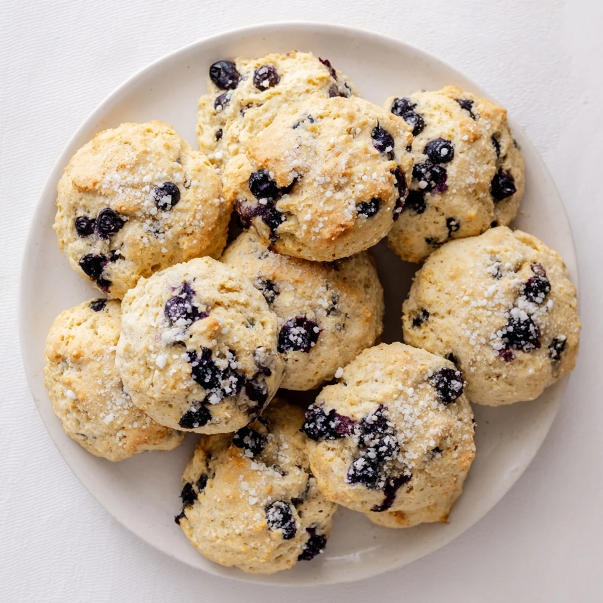 Tender homemade blueberry biscuits stacked on a wooden board with melted butter