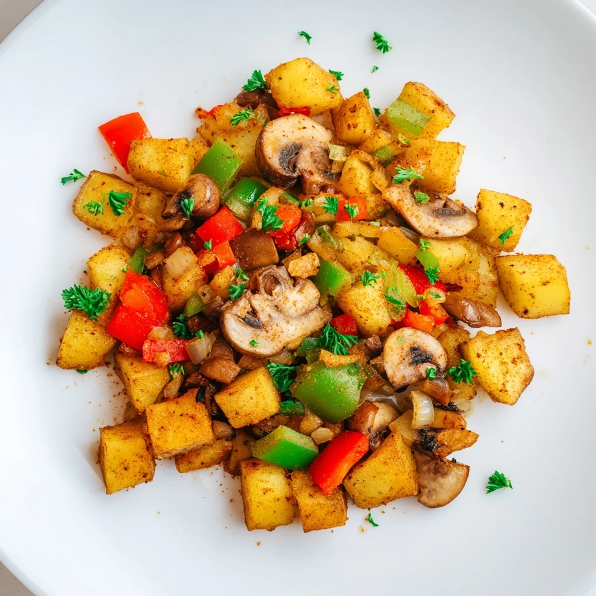 Hearty flavorful vegan breakfast hash topped with fresh parsley served hot on a white plate