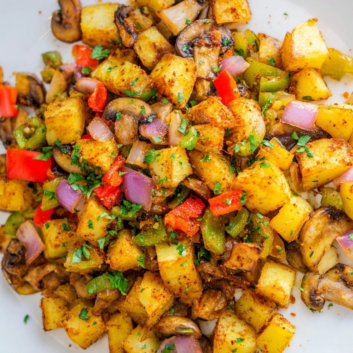 Golden crispy vegan breakfast hash with colorful peppers onions and aromatic spices in a skillet