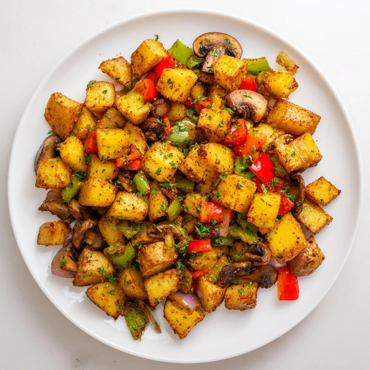 Savory potato vegetable medley simmering in this easy vegan breakfast hash with vibrant spinach throughout