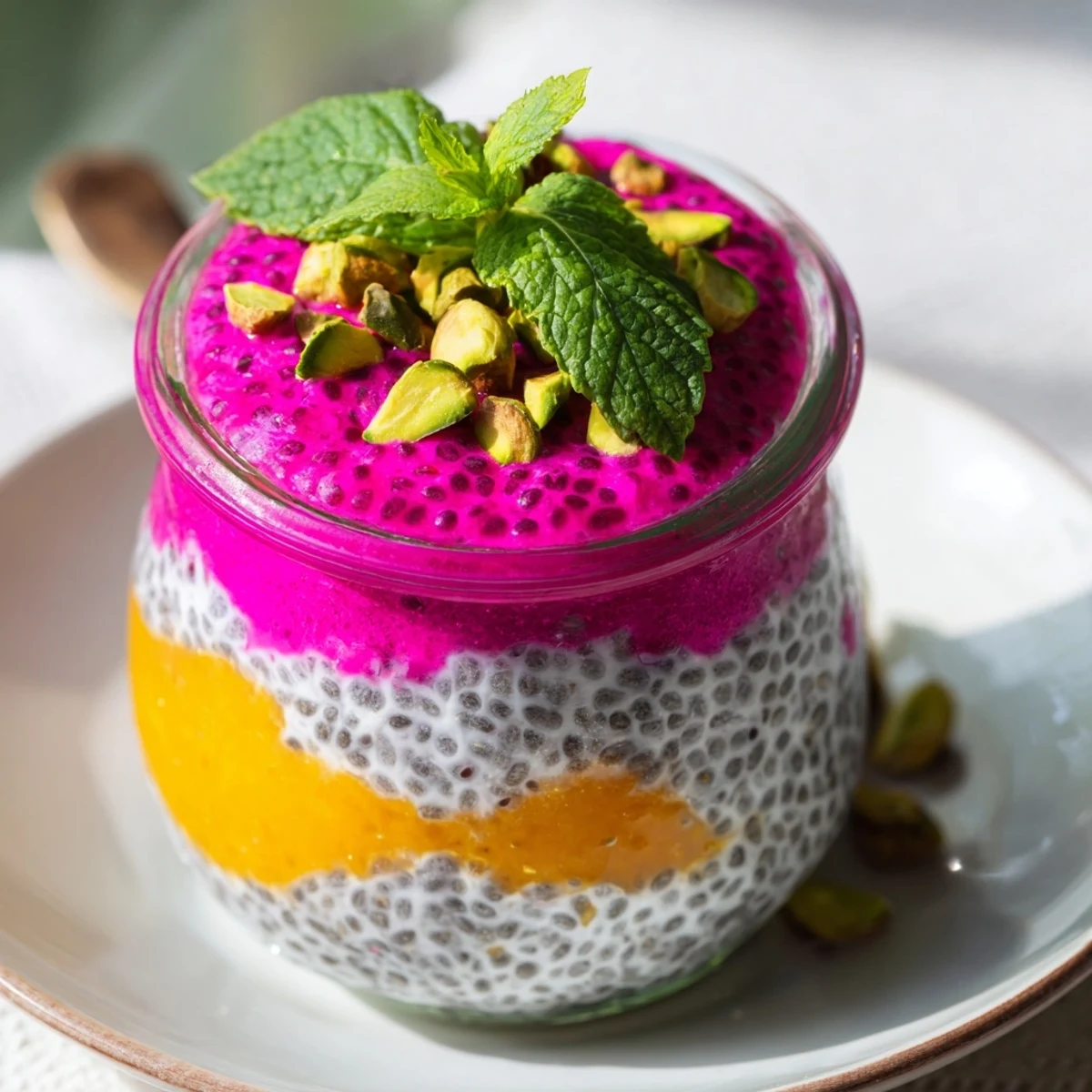 Tropical breakfast bowl featuring mango dragon fruit chia pudding topped with fresh mint and toasted coconut
