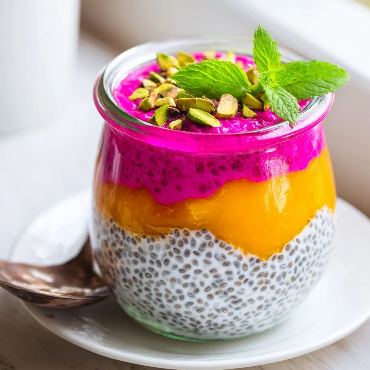Vibrant layered mango and dragon fruit chia pudding with creamy coconut milk in clear glass jars