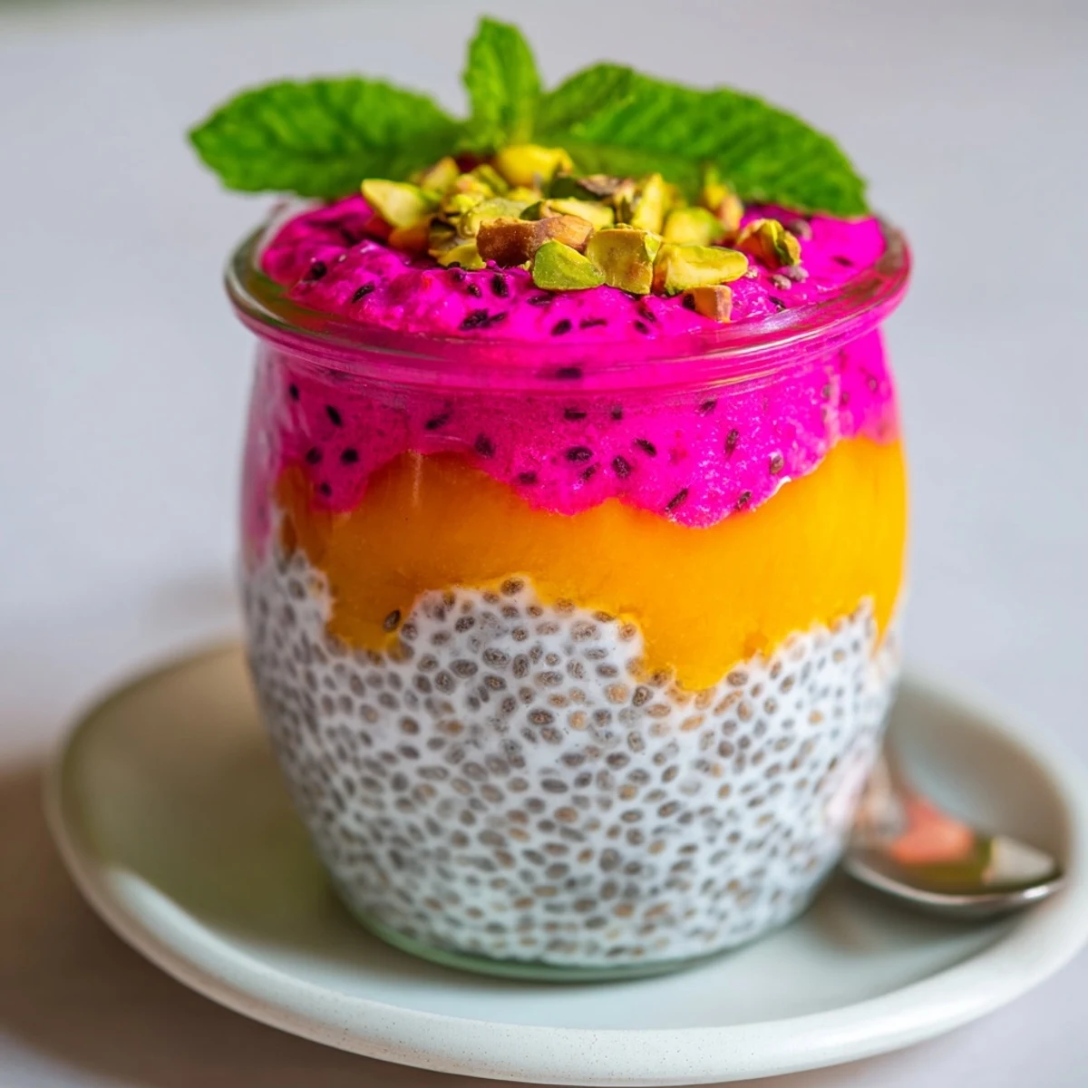 Colorful vegan chia pudding jar displaying mango and dragon fruit layers with creamy coconut base