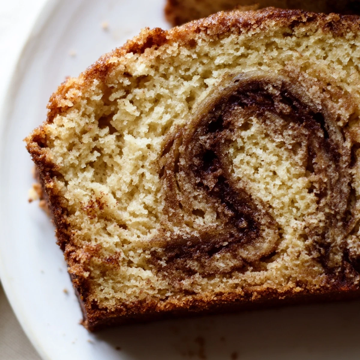 Golden Cinnamon Sugar Swirl Banana Bread sliced thick on a rustic wooden cutting board with warm spices visible
