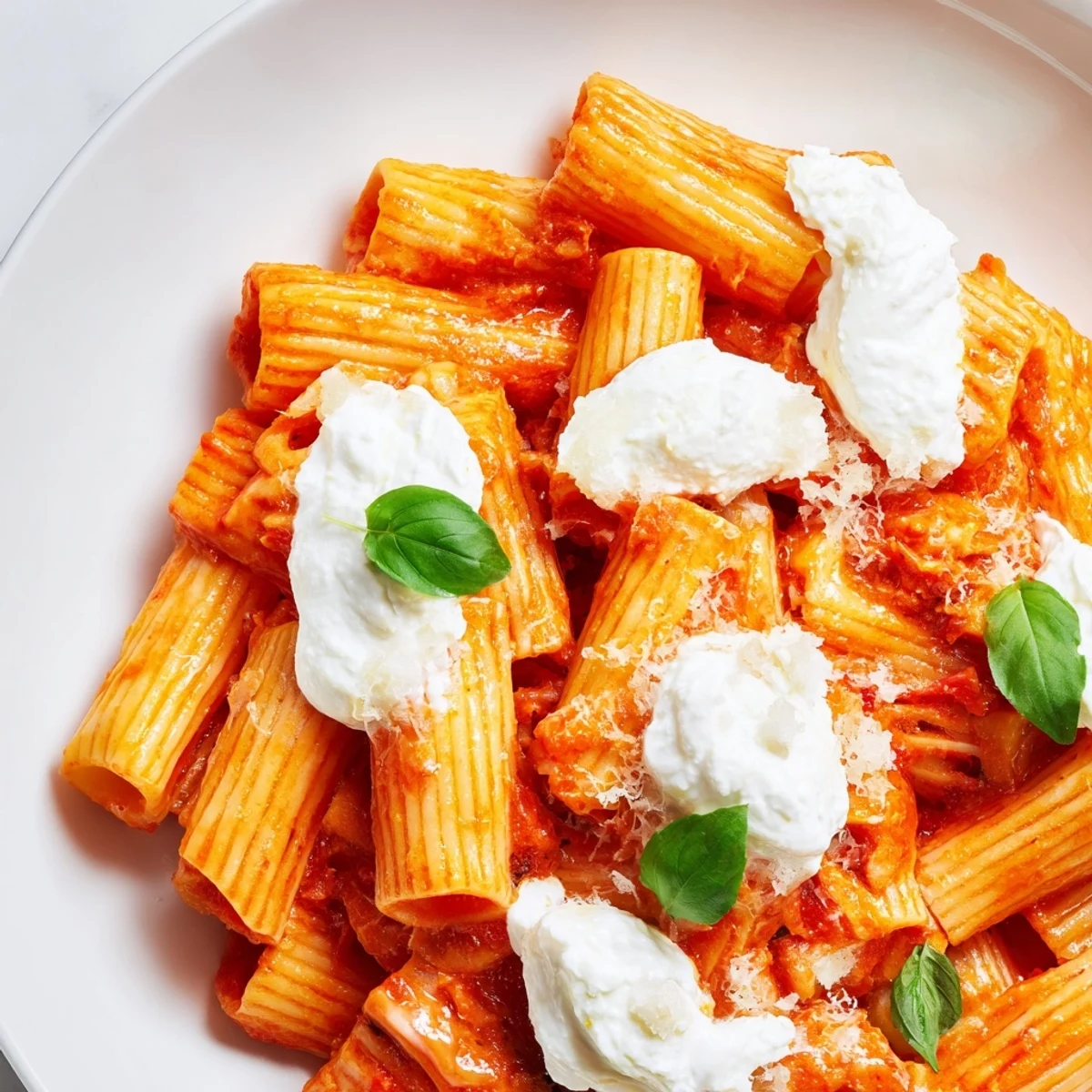 Creamy tomato garlic ricotta penne topped with fresh basil leaves on white plate