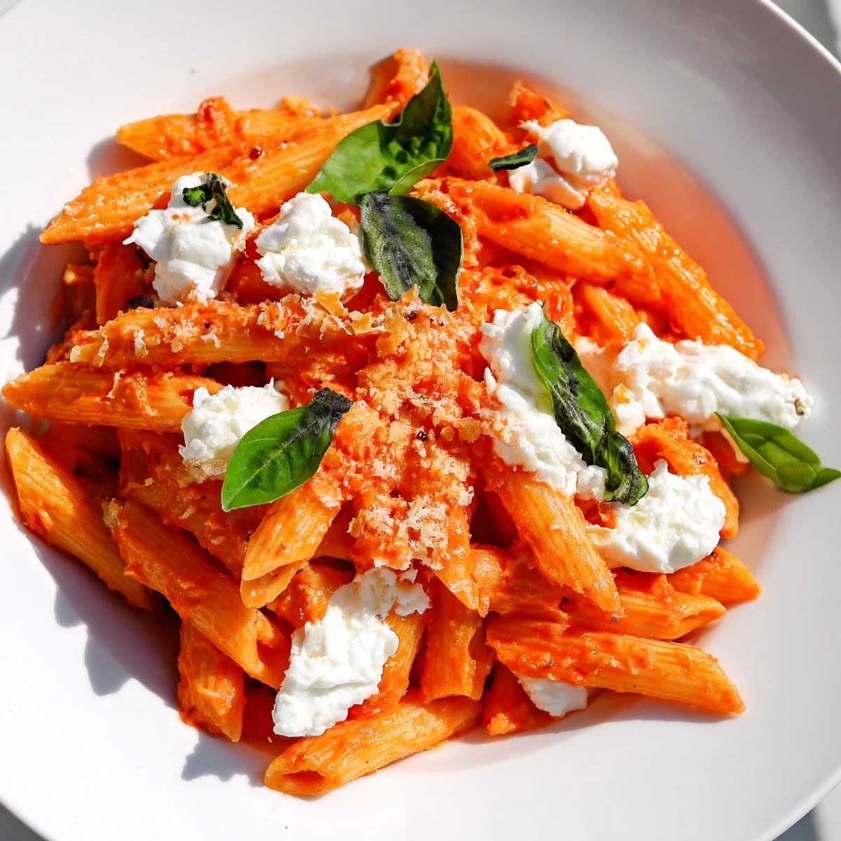 Tender penne pasta coated in rich tomato sauce with dollops of ricotta cheese