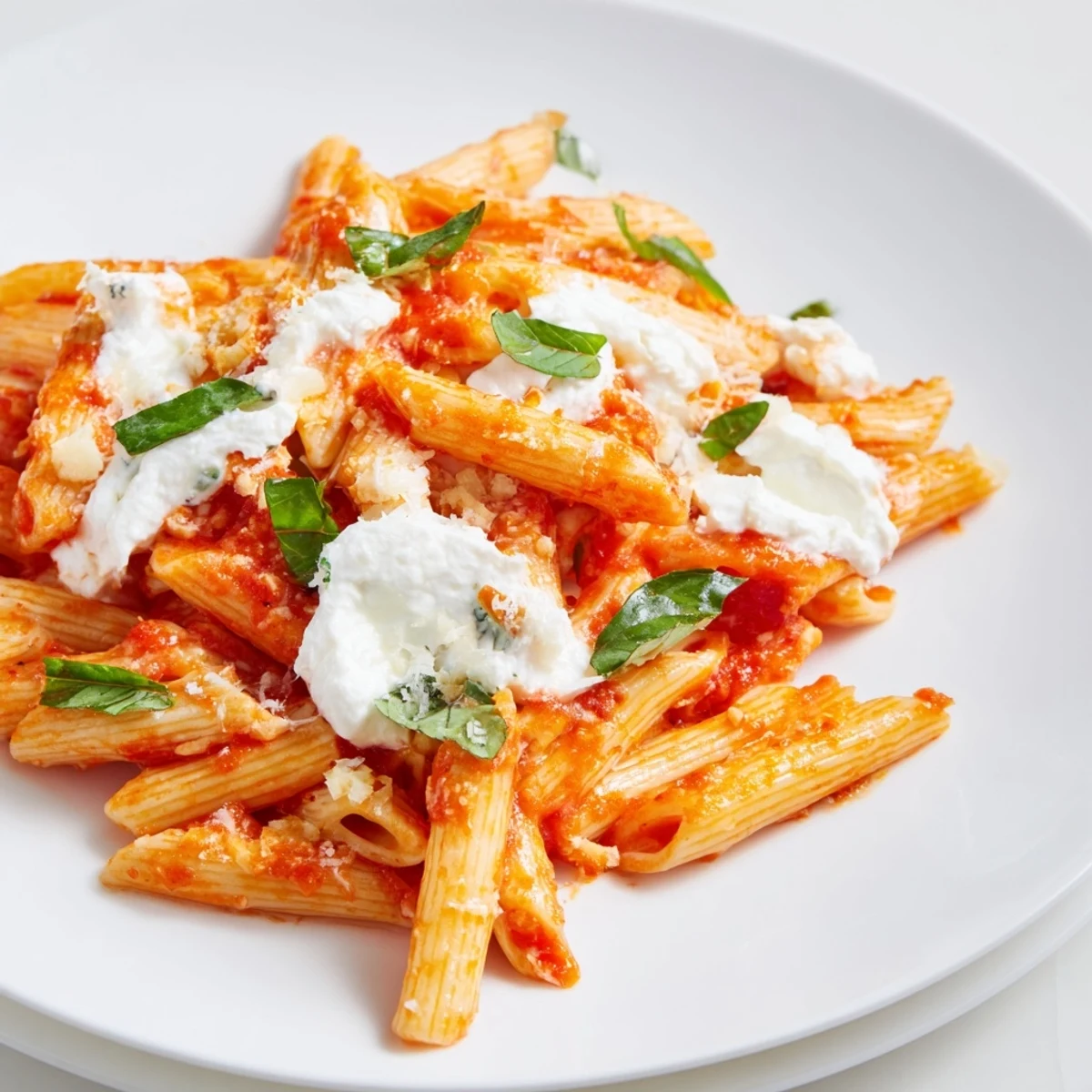 Warm bowl of tomato garlic ricotta penne garnished with Parmesan and torn basil