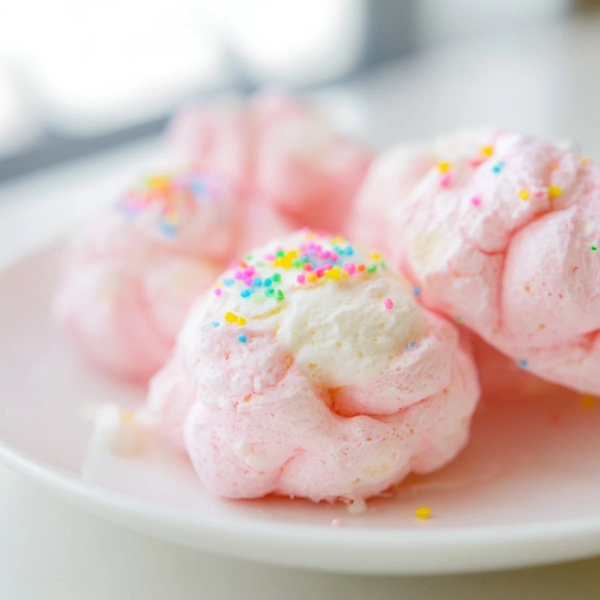 Mini Cotton Candy Cheesecake Puff Balls with fluffy pink spun sugar coating on a decorative serving plate