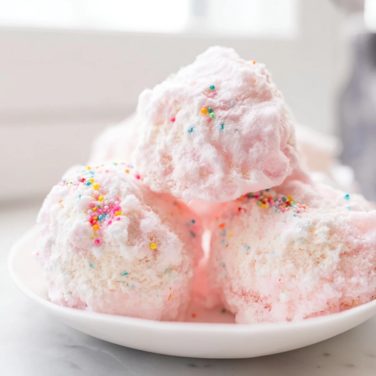 Creamy Mini Cotton Candy Cheesecake Puff Balls arranged on white parchment with colorful rainbow sprinkles