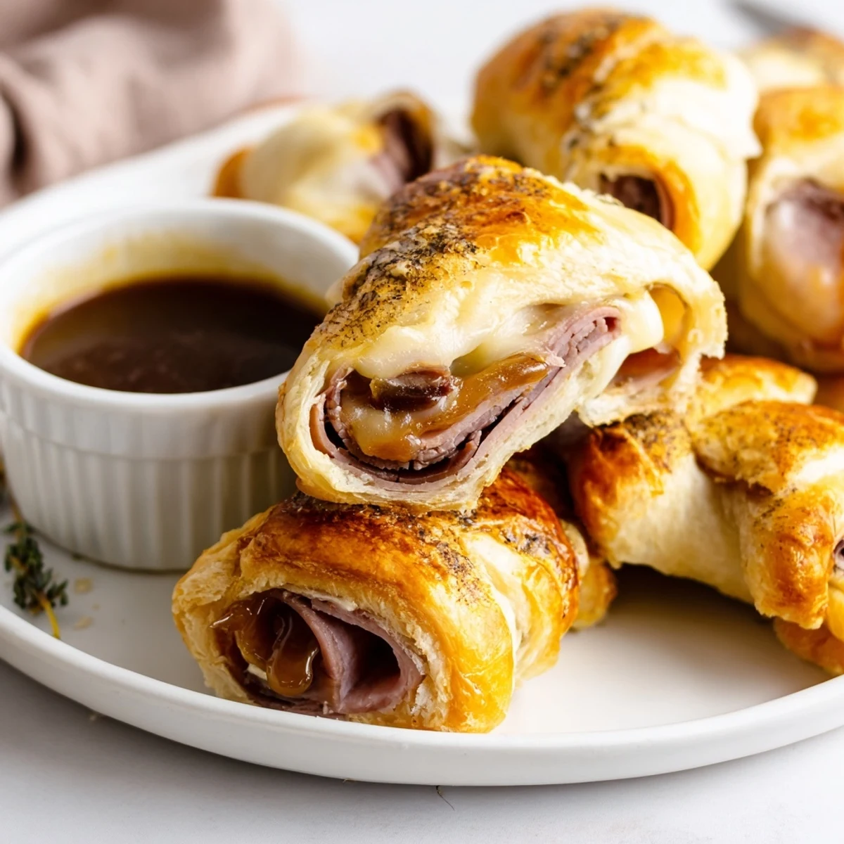 Golden Beef and Cheese French Dip Roll Ups arranged on a platter with savory dipping sauce